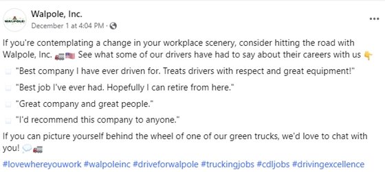 Walpole Inc. social media post