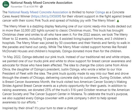 Ozinga social media post 