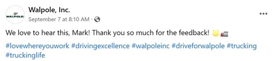 Walpole Inc. social media post