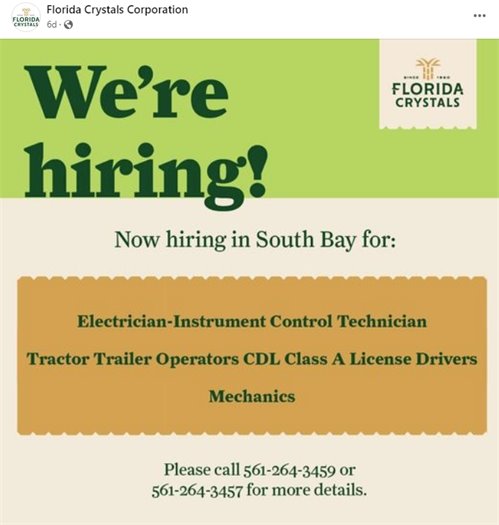 Florida Crystals social media post