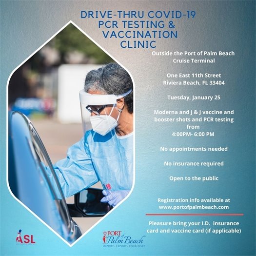 COVID-19 testing and vaccine clinic flyer for Jan. 25 from 4- 6 PM