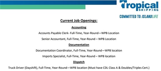 Tropical Shipping Jobs