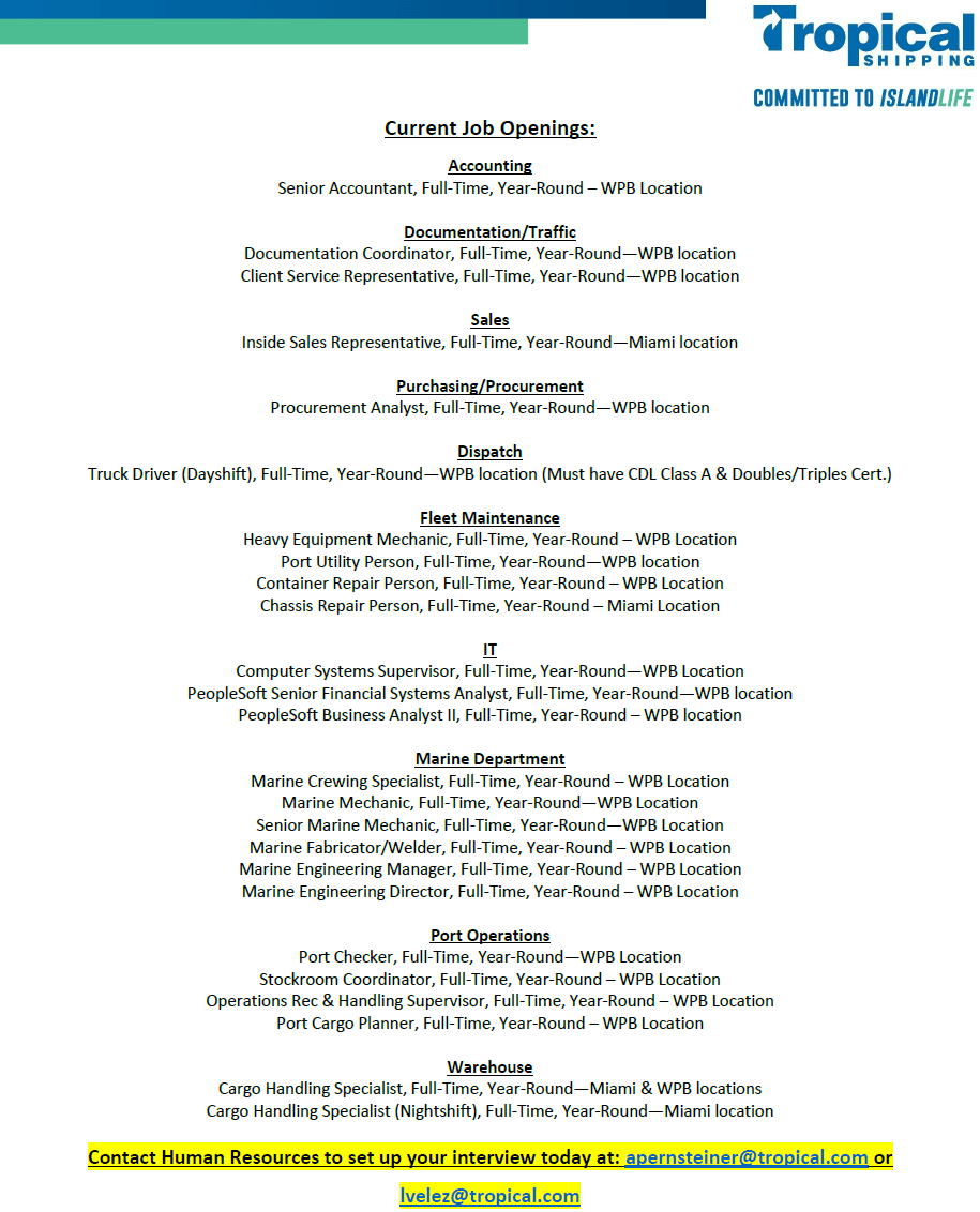 Tropical Shipping Jobs